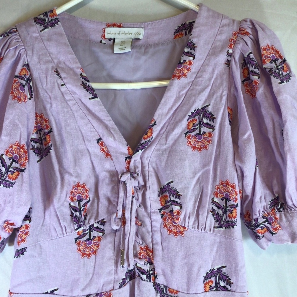 House of Harlow 1960 Size 2 Lavender Linen Boho Floral Puff Sleeve Dress - Picture 3 of 8